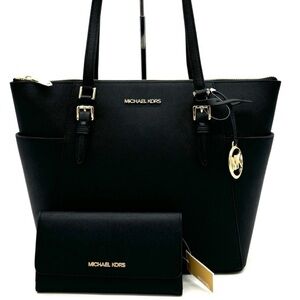 Michael Kors Large Charlotte TZ Tote Bag & Large Trifold Wallet Black/Gold